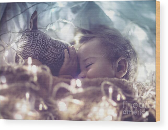 Adorable Wood Print featuring the photograph Sweet baby sleeping with soft toy by Anna Om