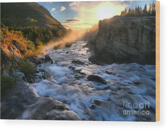 Swiftcurrent Falls Wood Print featuring the photograph Swiftcurrent Falls Fiery Sunrise by Adam Jewell