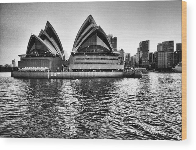 Sydney Opera House Wood Print featuring the photograph Sydney Opera House-Black and White by Douglas Barnard