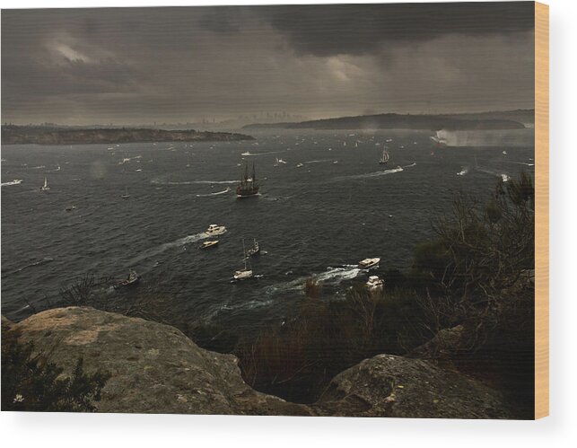 Navy Fleet Review Wood Print featuring the photograph Tall Ships Heavy Rain And Wind In Sydney Harbour by Miroslava Jurcik
