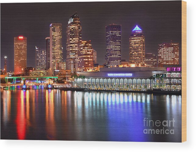 Tampa Wood Print featuring the photograph Tampa Skyline at Night Early Evening by Jon Holiday