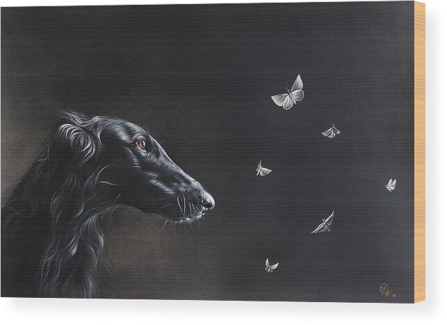 Borzoi Wood Print featuring the drawing Tender is the night by Elena Kolotusha