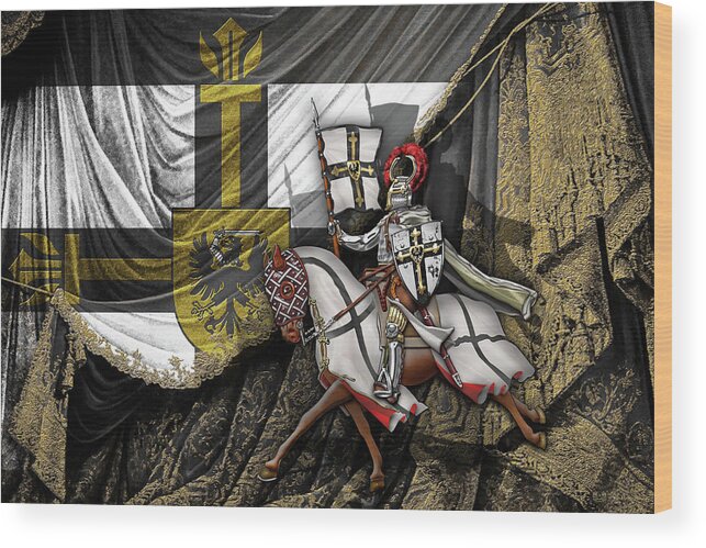 'ancient Brotherhoods' Collection By Serge Averbukh Wood Print featuring the digital art Teutonic Knight Rider on Horseback in front of the Teutonic Flag. by Serge Averbukh