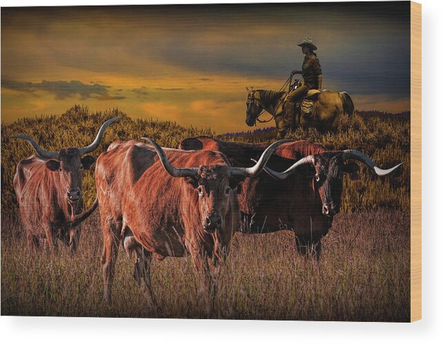 Longhorn Wood Print featuring the photograph Texas Longhorn Steers and Cowboy at Sunset by Randall Nyhof