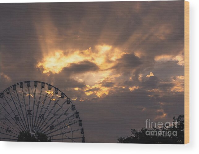 Texas Star Wood Print featuring the photograph Texas Star Ferris Wheel and Sun Rays by Imagery by Charly