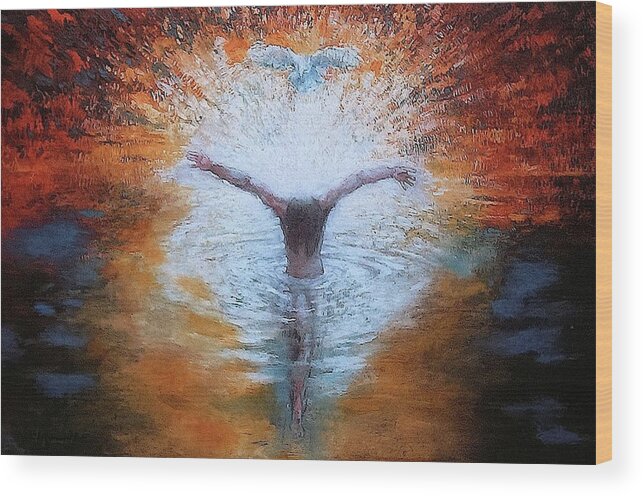 Baptism Wood Print featuring the painting The Baptism of the Christ with Dove by Daniel Bonnell