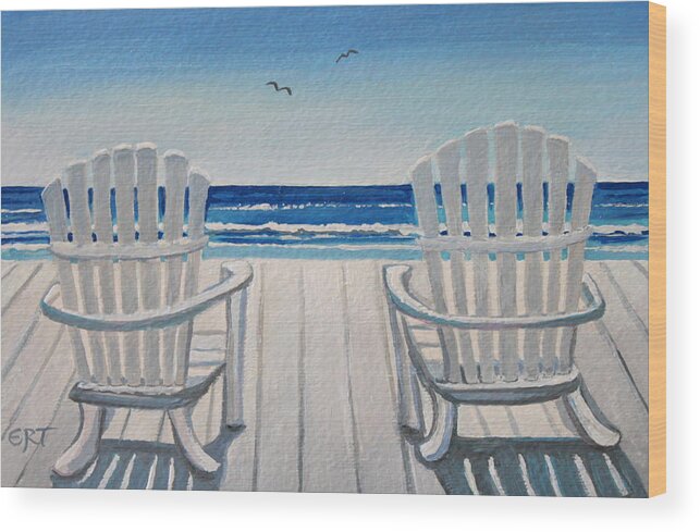 Beach Wood Print featuring the painting The Beach Chairs by Elizabeth Robinette Tyndall