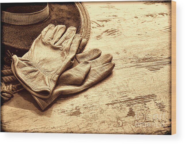 Western Wood Print featuring the photograph The Cowboy Gloves by American West Legend By Olivier Le Queinec