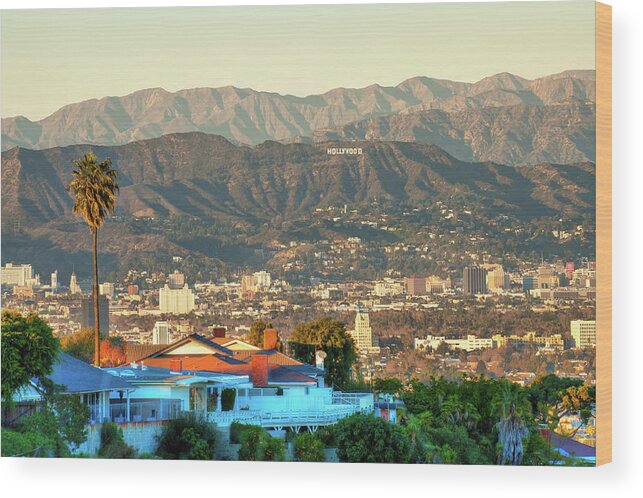 America Wood Print featuring the photograph The Hollywood Hills Urban Landscape - Los Angeles California by Gregory Ballos