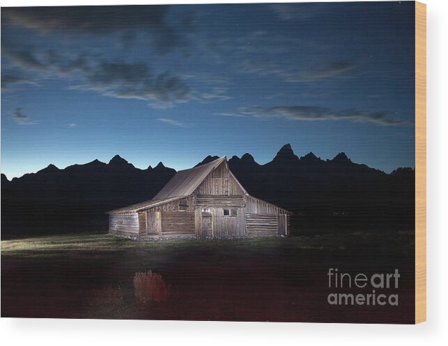 Mormon Row Wood Print featuring the photograph The John Moulton Barn on Mormon Row at the base of the Grand Tetons Wyoming by Greg Kopriva