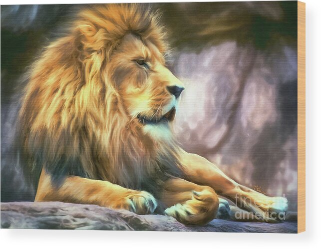 Lion Wood Print featuring the painting The King Of Cool by Tina LeCour
