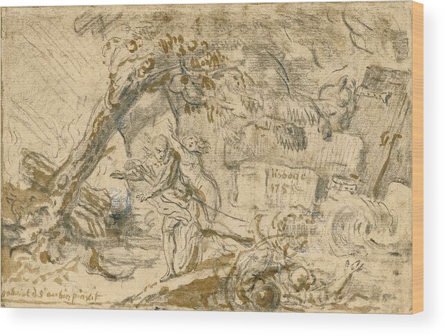 Gabriel De Saint-aubin Wood Print featuring the drawing The Lisbon earthquake of 1755 by Gabriel de Saint-Aubin