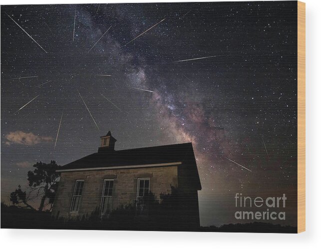  Perseid Meteor Shower Wood Print featuring the photograph The Perseid meteor shower at Lower Fox Creek School by Keith Kapple