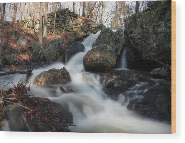 Rutland Ma Mass Massachusetts Outside Outdoors Newengland New England Nature Natural Long Exposure Water Fall Falls Waterfall Rocks Rocky Stonewall Stone Wall Old Mill Site Grist Boulder Woods Forest Secret Hidden Gem Beautiful Serene Serenity Wood Print featuring the photograph The Secret Waterfall 2 by Brian Hale