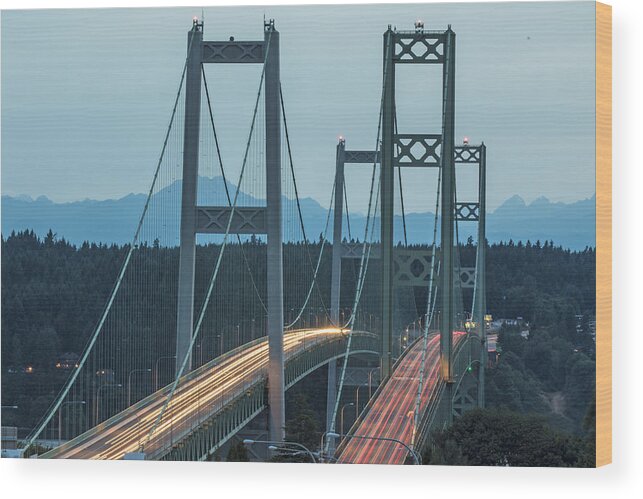Tacoma Wood Print featuring the photograph The Tacoma Narrows Bridge at dusk by Matt McDonald