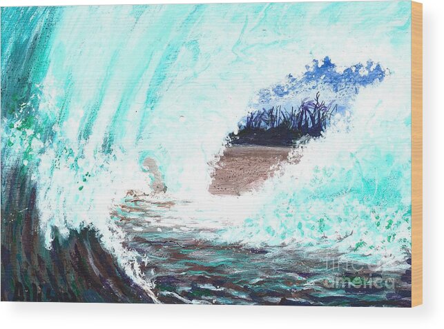 #wave #ocean #beach #sea #water #surfing #pipeline Wood Print featuring the painting The Wave by Allison Constantino