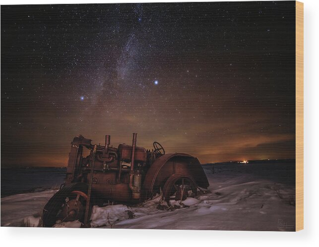 Astro Landscape Scenic Stars Milky Way Winter Antique Tractor Nd Night Night Sky Wood Print featuring the photograph The Witness by Peter Herman