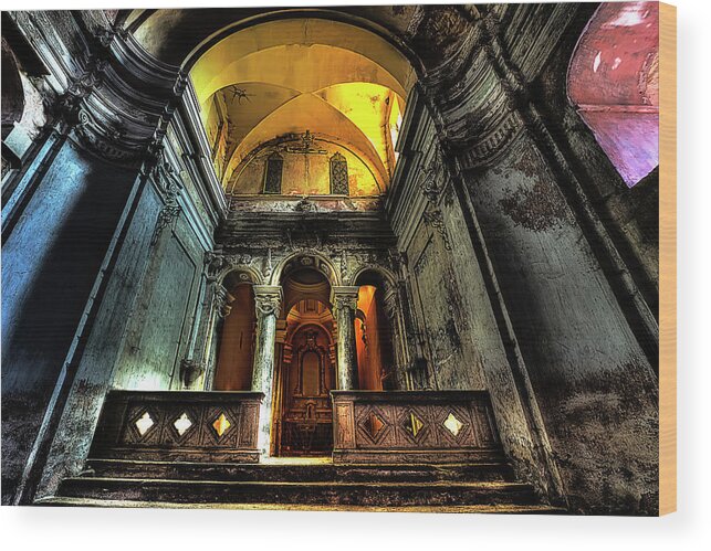 Chiesa Abbandonata Wood Print featuring the photograph THE YELLOW LIGHT CHURCH 1 - La chiesa della luce gialla 1 by Enrico Pelos