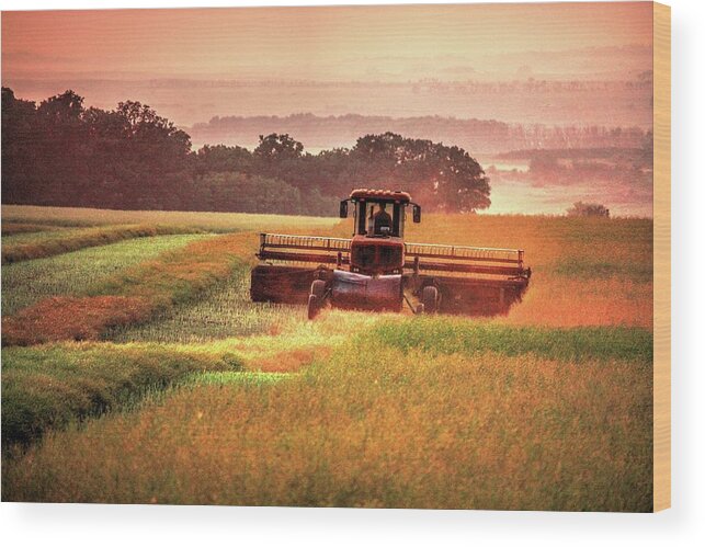 Threshing Fields Sunflowers Sunsets Smoke Smote Haze Sun Haze Moods Harvest Fall Reaping Farming Crops Wheat Days End Combine Moon Wood Print featuring the photograph Swathing on the hill by David Matthews