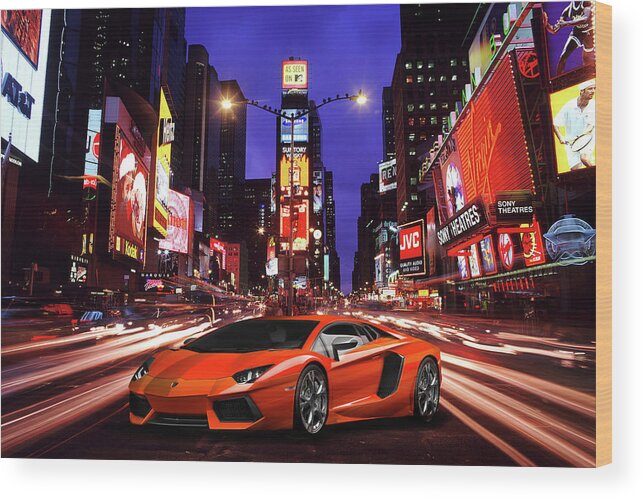 Lamborghini Aventador Wood Print featuring the digital art Times Square Aventador by Airpower Art