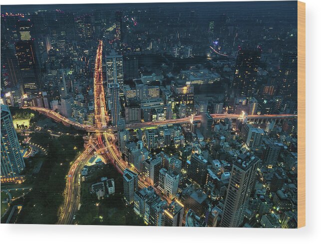 Modern Architecture Wood Print featuring the photograph Tokyo night panorama by Ponte Ryuurui
