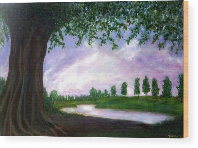 Tree Wood Print featuring the painting Tormented tree in serene sunset by Marie-Line Vasseur