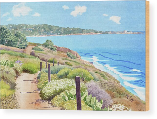 Landscape Wood Print featuring the painting Torrey Pines and La Jolla by Mary Helmreich