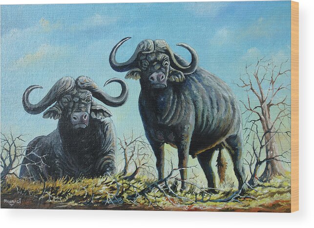 Buffalo Wood Print featuring the painting Tough Guys by Anthony Mwangi