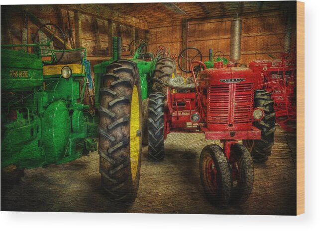 Lee Dos Santos Wood Print featuring the photograph Tractors at Rest - John Deere - Mccormick - Farmall - farm equipment - nostalgia - vintage by Lee Dos Santos