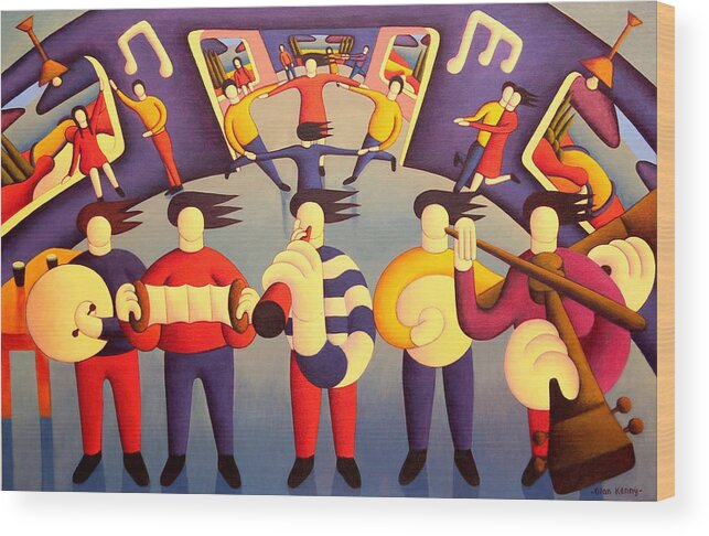 Traditional Wood Print featuring the painting Traditional irish session with dancers  by Alan Kenny