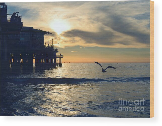Seagull Wood Print featuring the photograph Seagull Pier Sunrise Seascape C1 by Ricardos Creations