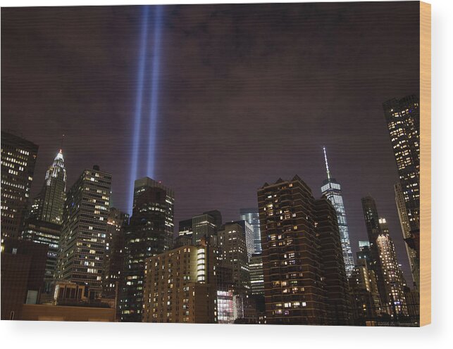 15th Anniversary Wood Print featuring the photograph Twin Beam Tribute to the Towers by Jeff at JSJ Photography