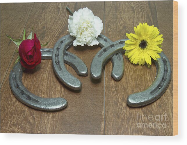 Triple Crown Wood Print featuring the photograph Triple Crown Flowers on Horseshoes by Karen Foley