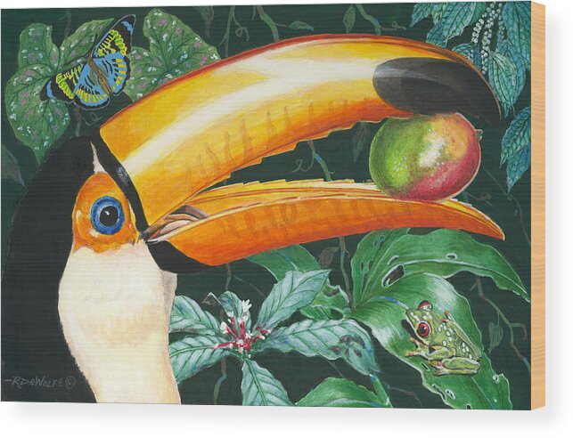 Rain Forest Wood Print featuring the painting Tropical Rain Forest Toucan by Richard De Wolfe
