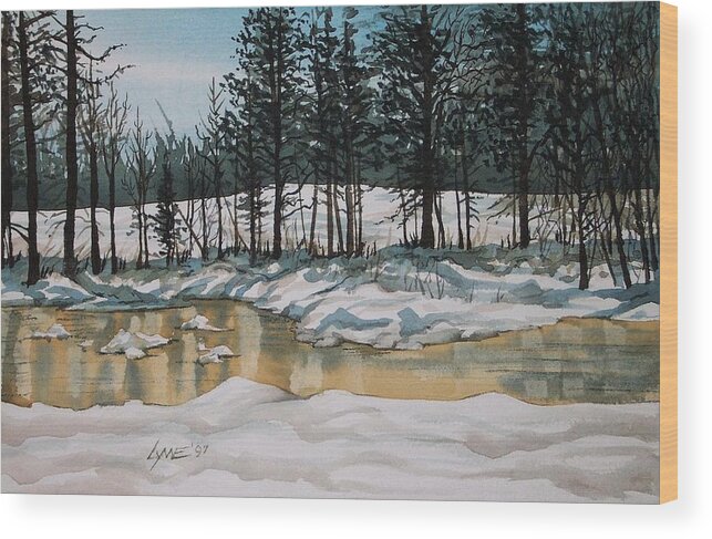 Winter Frozen Creek Scene Landscape Forest Water Snow Trees Shadows Wood Print featuring the painting Turnbull Wild Life Refuge 2 by Lynne Haines