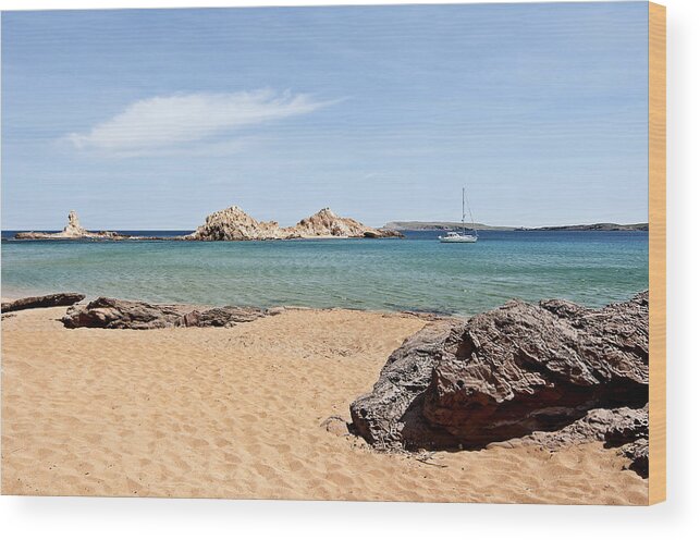 Beach Wood Print featuring the photograph turquoise kingdom 2 alone in paradise of Pregonda beach in Minorca island by Pedro Cardona Llambias