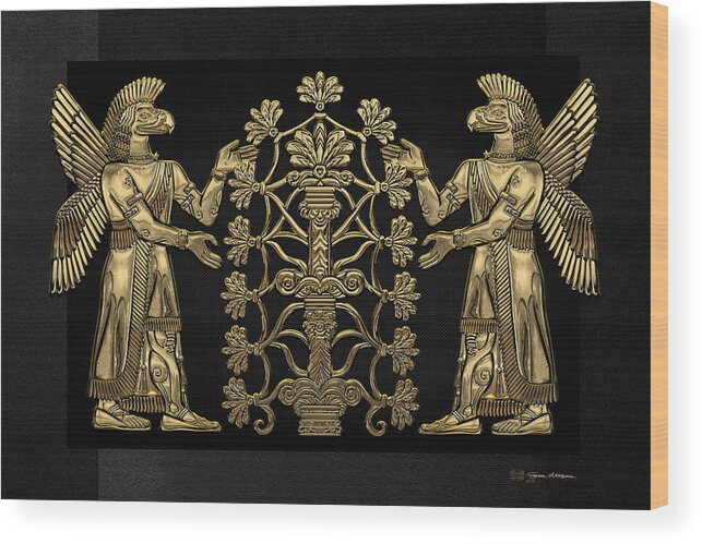 ‘treasures Of Mesopotamia’ Collection By Serge Averbukh Wood Print featuring the digital art Two Instances of Gold God Ninurta with Tree of Life over Black Canvas by Serge Averbukh