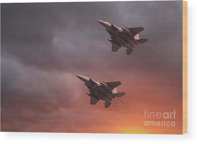 Usaf Wood Print featuring the photograph Two low flying F-15E Strike Eagles at sunset by Simon Bratt
