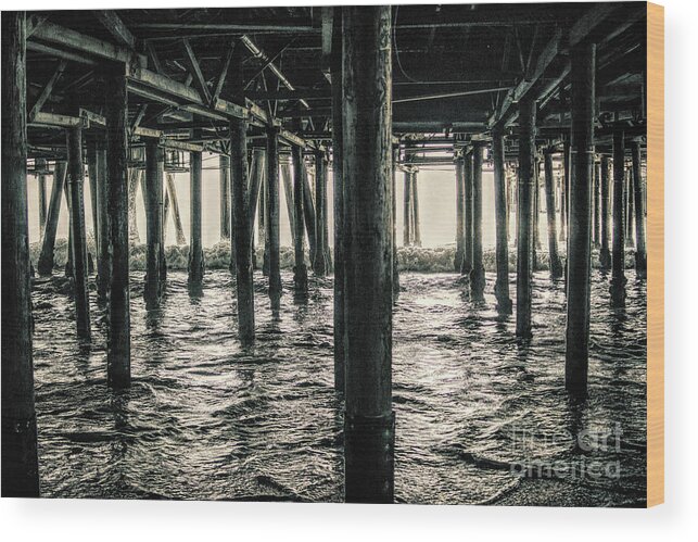 Under The Pier; Pylons; Waves; Ocean; Pacific Ocean; White; Silver; Water; Joe Lach; Beach; Sand; Light; Green Wood Print featuring the photograph Under the Pier 3 by Joe Lach