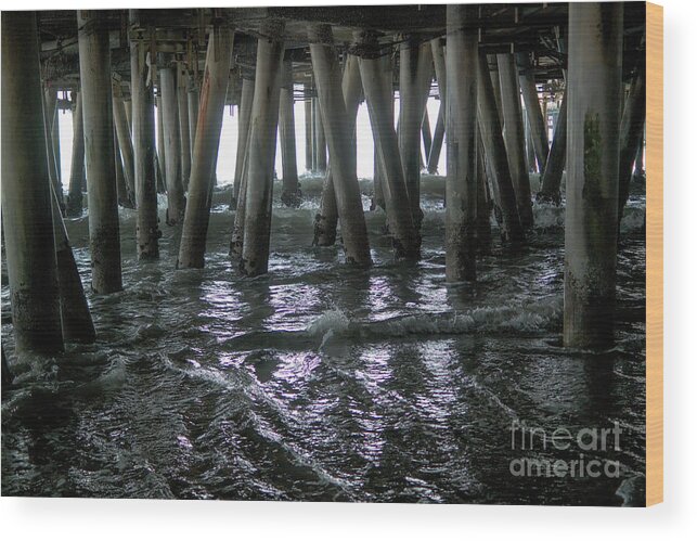Under The Pier; Pylons; Waves; Ocean; Pacific Ocean; White; Silver; Water; Joe Lach; Beach; Sand; Light; Green Wood Print featuring the photograph Under the Pier 4 by Joe Lach