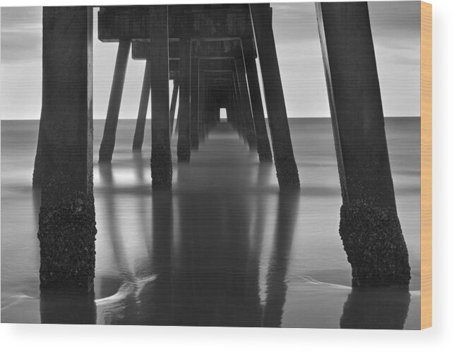 Florida Wood Print featuring the photograph Underneath the Pier - Jacksonville Beach - Florida - Black and White by Jason Politte