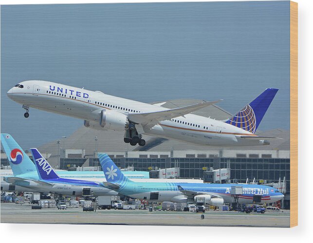 Airplane Wood Print featuring the photograph United Boeing 787-9 N27965 Los Angeles International Airport May 3 2016 by Brian Lockett