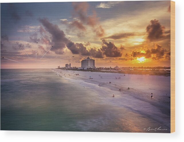 U.s. Navy Pensacola Blue Angels Sunset Pensacola Pier Air Show Brent Shavnore Wood Print featuring the digital art U.S Navy Blue Angels- Pensacola Beach by Brent Shavnore