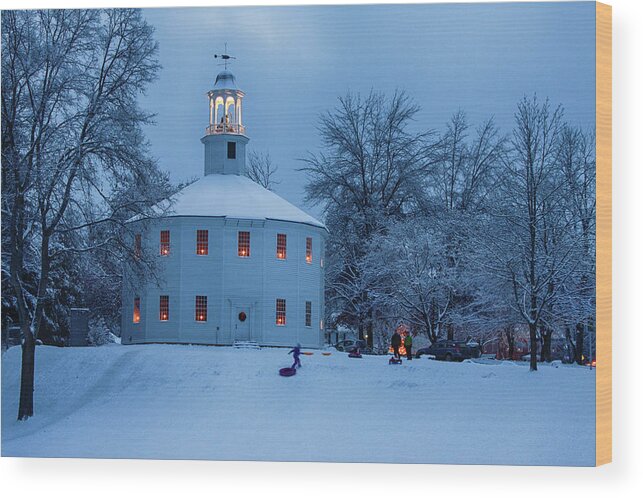 Blue Wood Print featuring the photograph Vermont Old Round Church Christmas by Jeff Folger