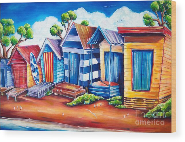 Beach Wood Print featuring the painting Victorian Beach Huts by Deb Broughton