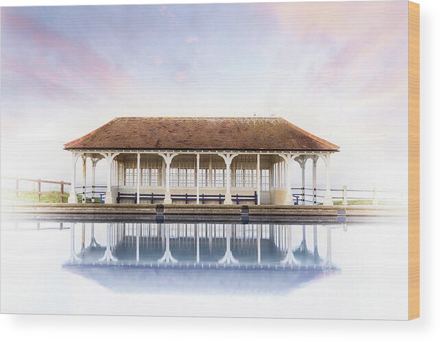 Sheringham Wood Print featuring the photograph Norfolk victorian seaside shelter with pink sunset sky by Simon Bratt