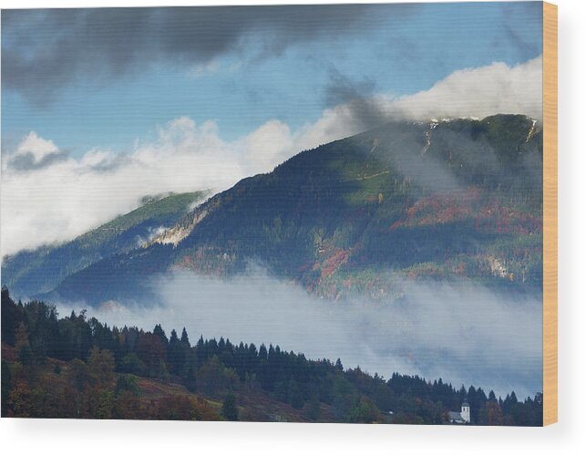 Bled Wood Print featuring the photograph View across to Saint Catherine's Church near Bled by Ian Middleton