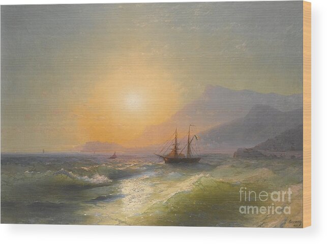 Ivan Konstantinovich Aivazovsky 1817-1900 View From Cap Martin With Monaco In The Distance. Sun Lighting Wood Print featuring the painting View From Cap Martin With Monaco In The Distance by MotionAge Designs