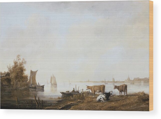 View Of The Maas Near Dordrecht Wood Print featuring the painting View of the Maas near Dordrecht by MotionAge Designs