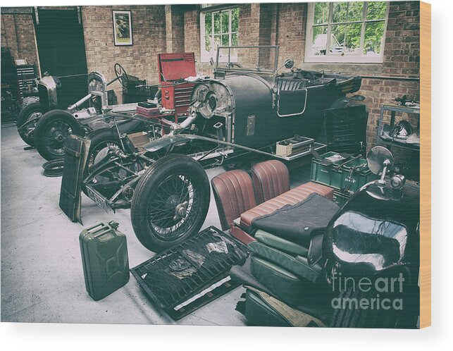 Vintage Wood Print featuring the photograph Vintage Bentley Restoration Workshop by Tim Gainey